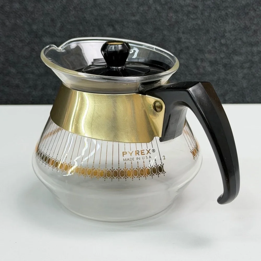 Vintage Pyrex 2 Cup Glass Carafe Gold Medallion Atomic Starburst Coffee Server